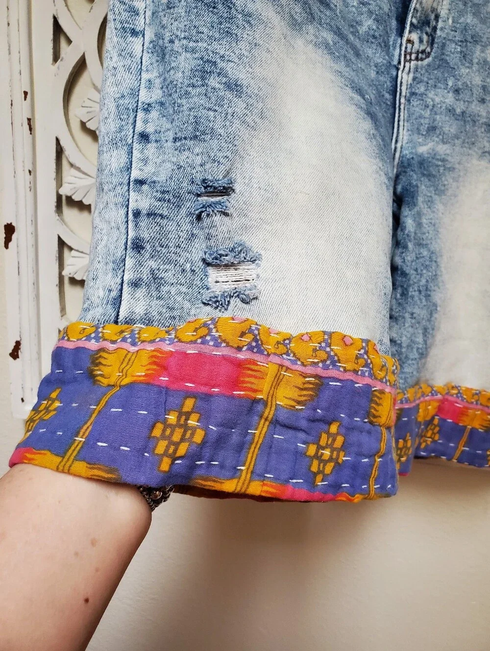 Vibrant Upcycled Kantha Hem Jean Shorts Size 15 Stretch Denim